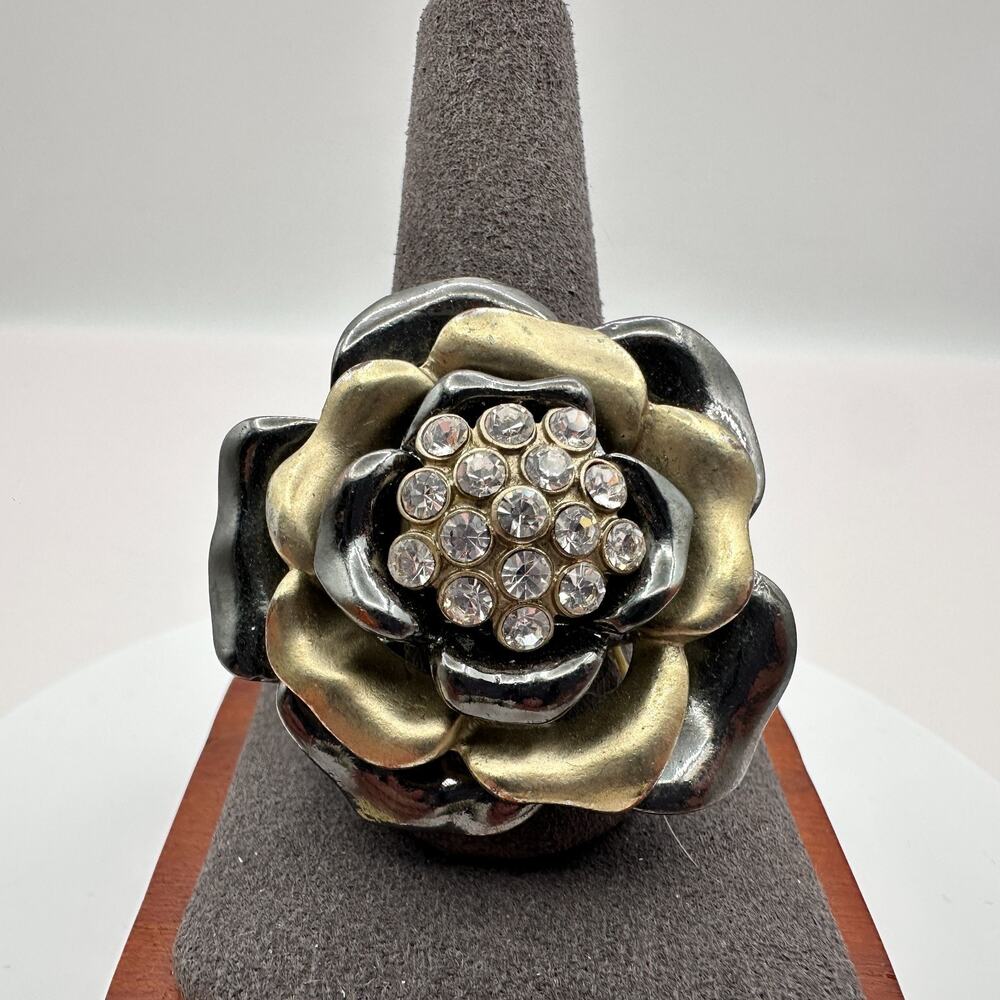 Vintage 90s Rose Statement Ring Clear Glass Accents Stretch Band Fashion Jewelry